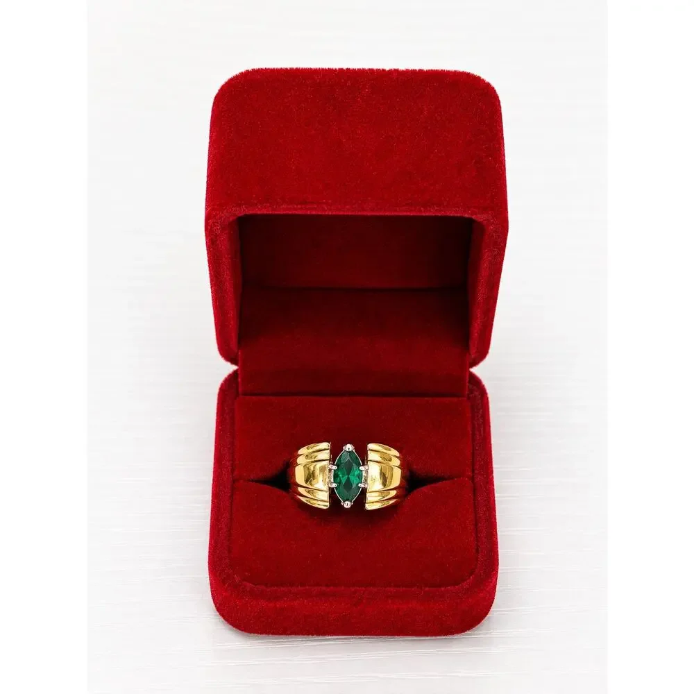 Vintage Karatclad Green Marquise Ring 14KT GE Gold Plate Size 8 New NOS